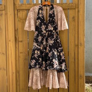 Anna Sui Lace Underskirt Floral Silk Midi Dress Size 10